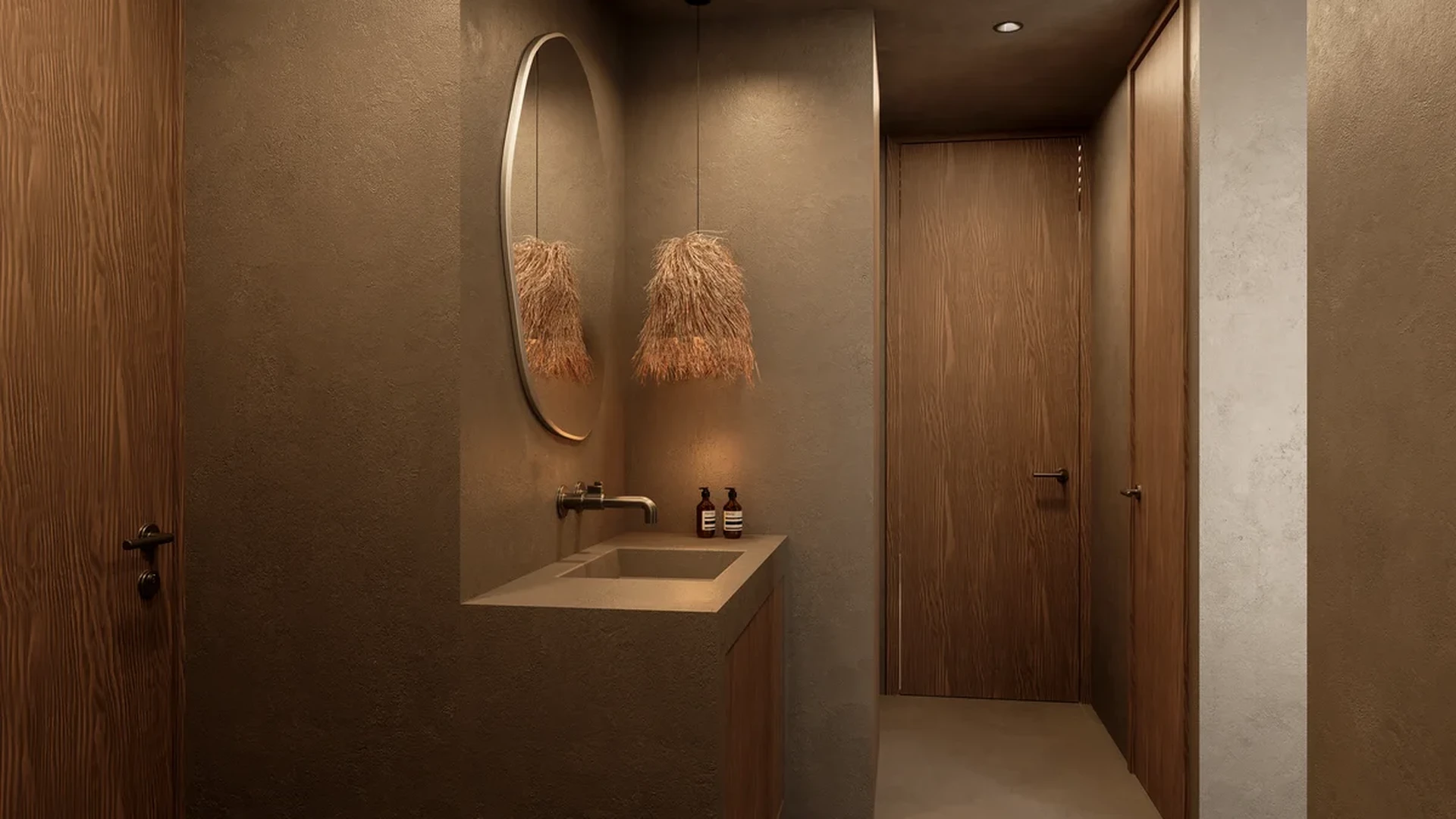 View of Modern Powder Room at Brahma, showcasing Designer Vanity, Minimalist Interior.