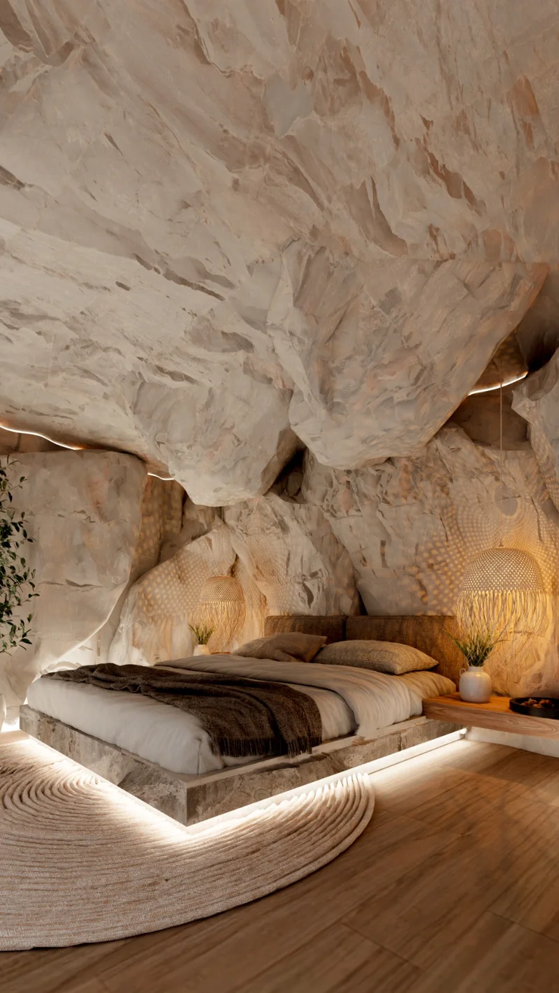 View of Cave Bedroom at Kan Tulum, showcasing Unique Interior Design, Luxury Bedroom.