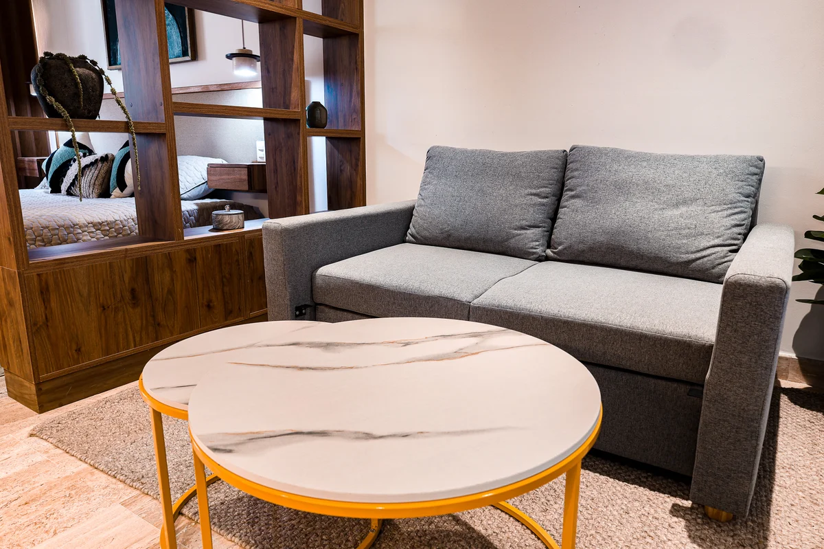 View of Living Area at Duna, showcasing Modern Interior, Sofa Bed.