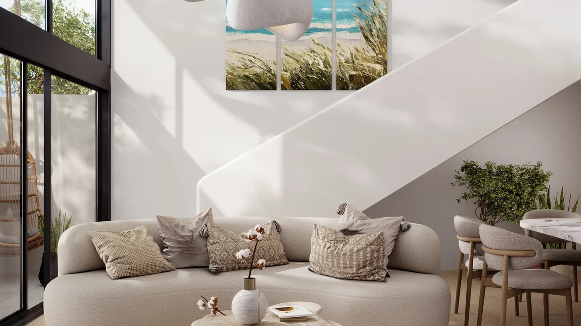 View of Modern Living Room at Luna, showcasing Open Concept, High Ceilings.