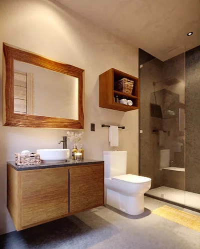 View of Modern Bathroom at Homa Kah, showcasing Wooden Vanity, Walk-in Shower.