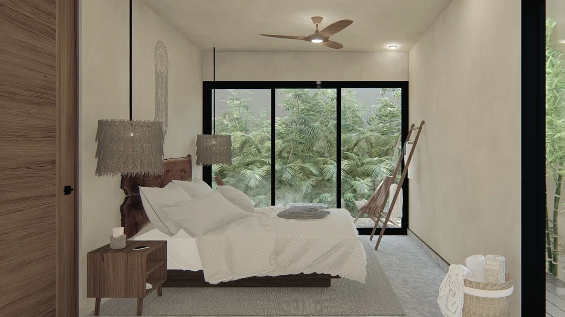View of Modern Bedroom at Homa Kah, showcasing Jungle View, Natural Light.
