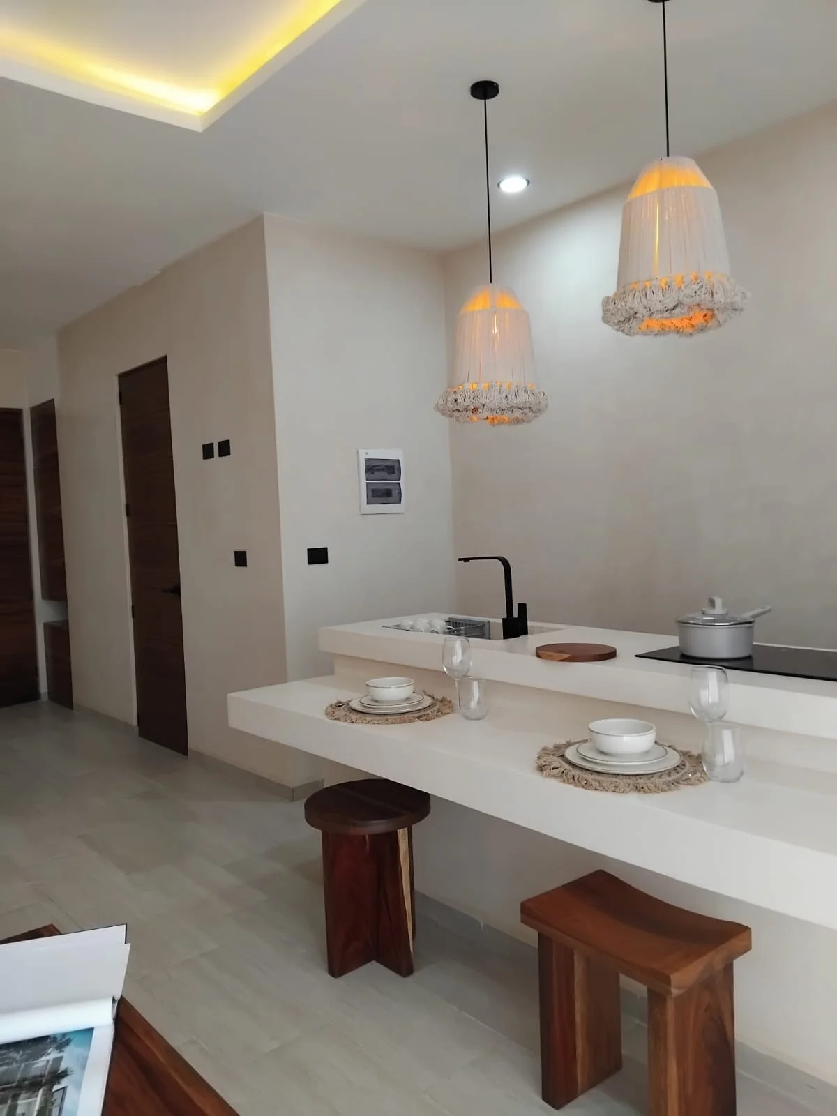 View of Modern Kitchen at Casa Makram, showcasing Kitchenette, Breakfast Bar.