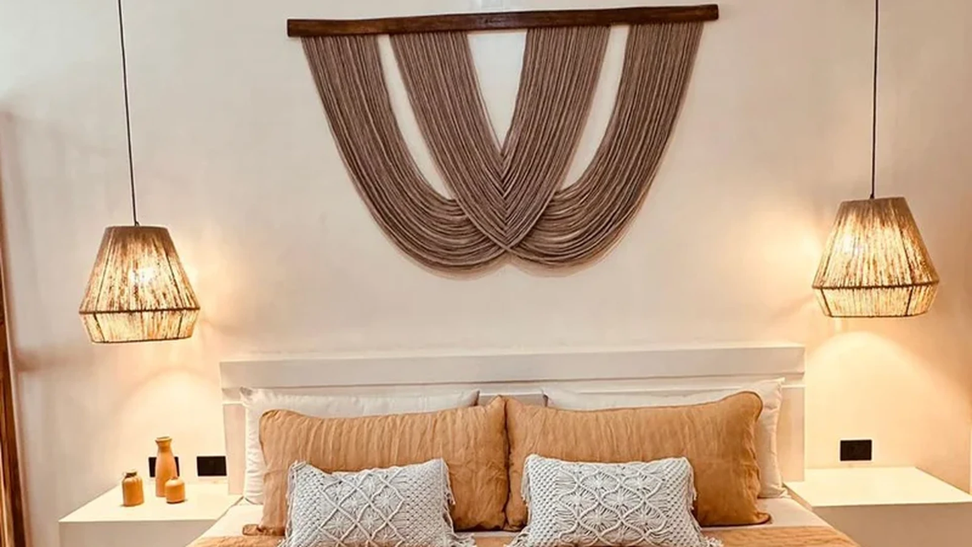 View of Bedroom at Casa Makram, showcasing Bohemian Decor, Neutral Tones.