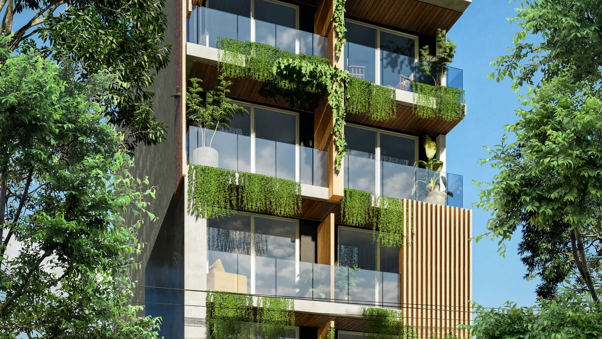 View of Modern Architecture at Centurmex 25, showcasing Residential Facade, Vertical Garden.