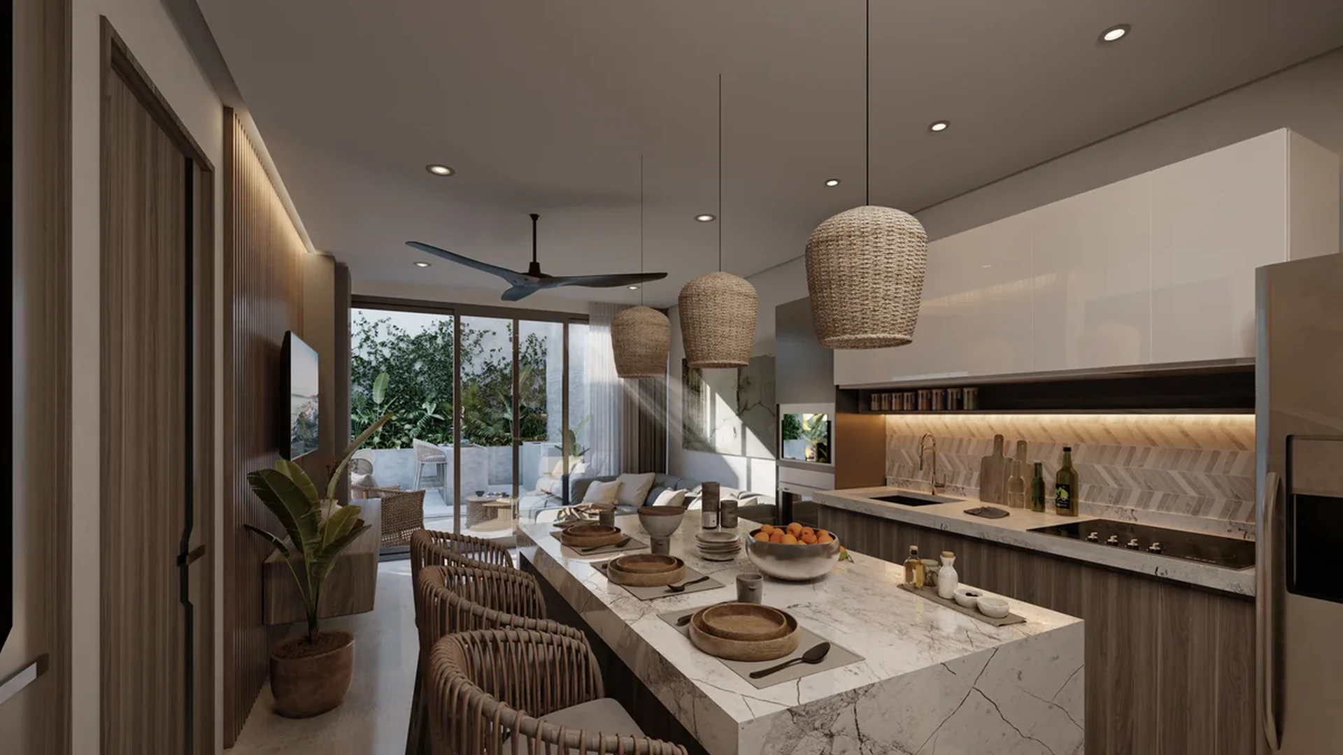 View of Modern Kitchen at Park 101, showcasing Open Concept Living, Marble Island.
