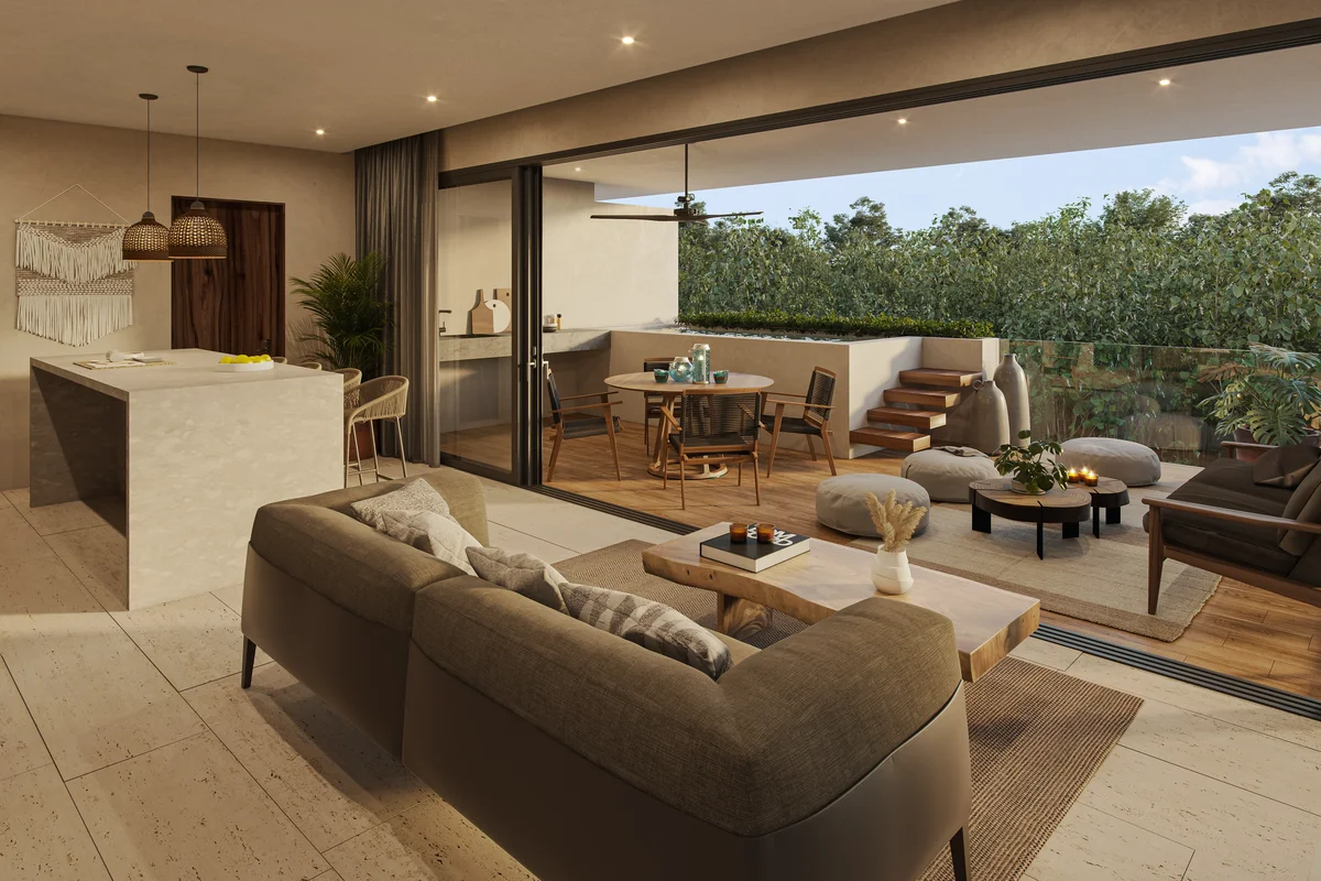 View of Open Concept Living at Park 101, showcasing Modern Living Room, Outdoor Terrace.
