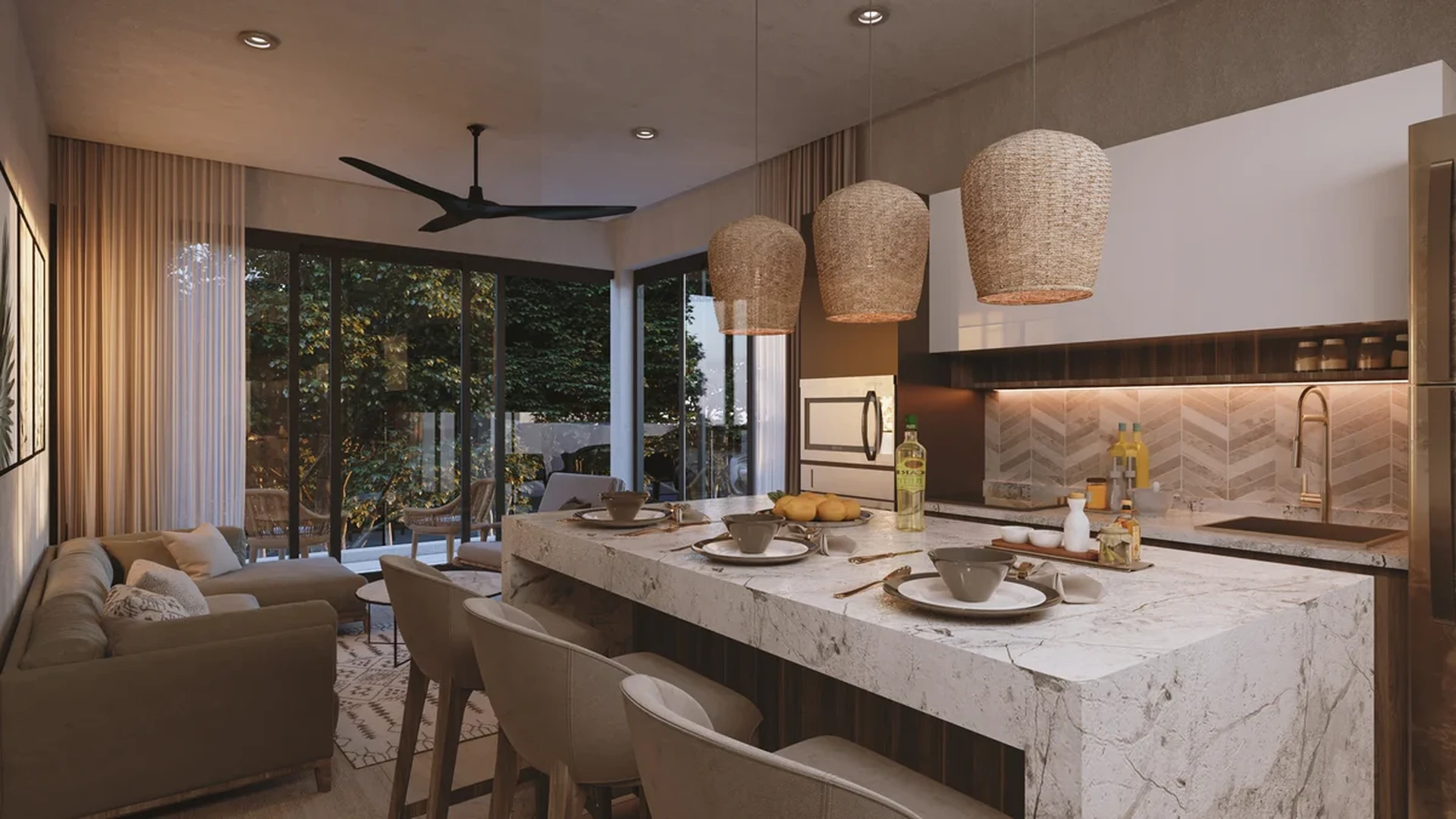 View of Open Concept Living at Park 101, showcasing Modern Kitchen, Kitchen Island.