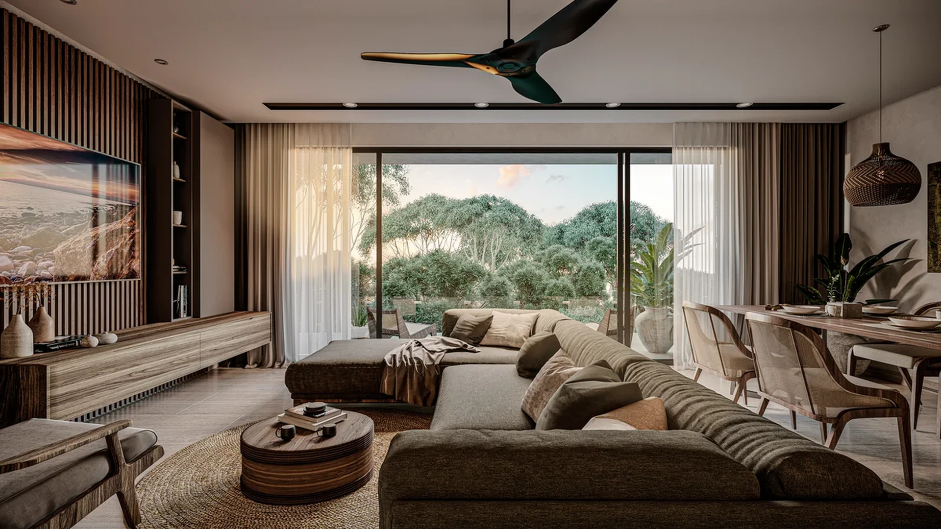 View of Modern Living Room at Park 101, showcasing Dining Area, Open Concept Design.