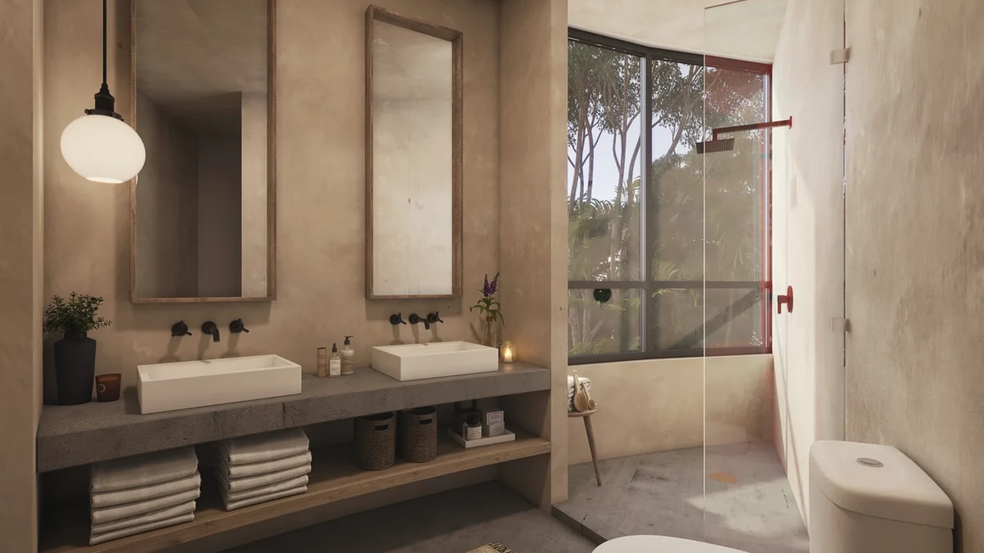 View of Modern Bathroom at 404 Tulum, showcasing Dual Vanity, Walk-in Shower.