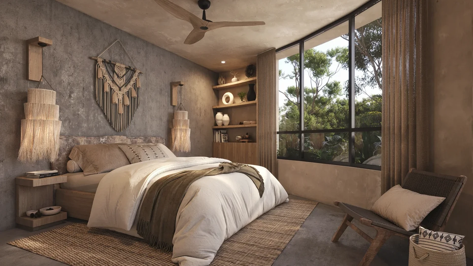 View of Modern Bedroom at 404 Tulum, showcasing Natural Light, Large Windows.