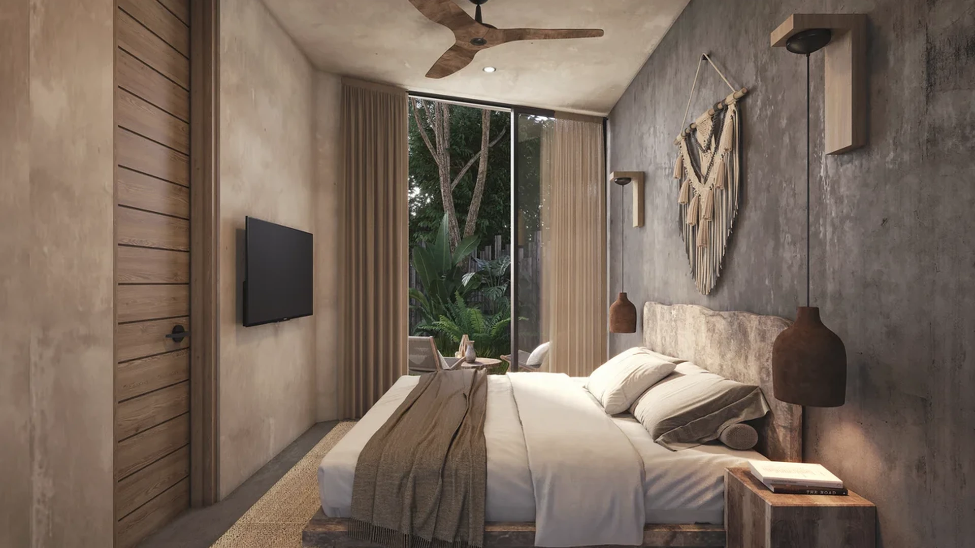 View of Modern Bedroom at 404 Tulum, showcasing Tropical View, Minimalist Design.