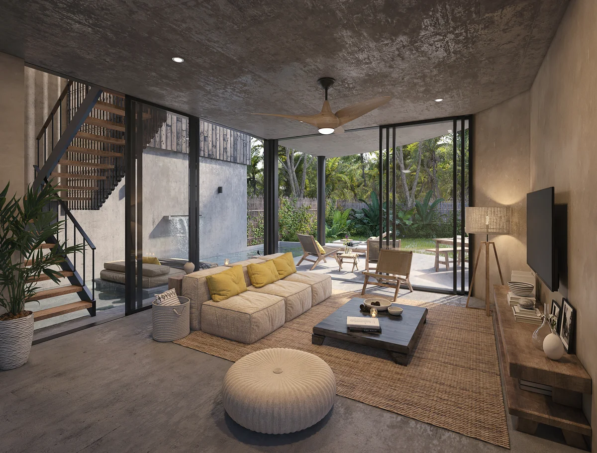 Image of Swimming Pool at 404 Tulum, featuring Modern Living Room, Indoor-Outdoor Living.