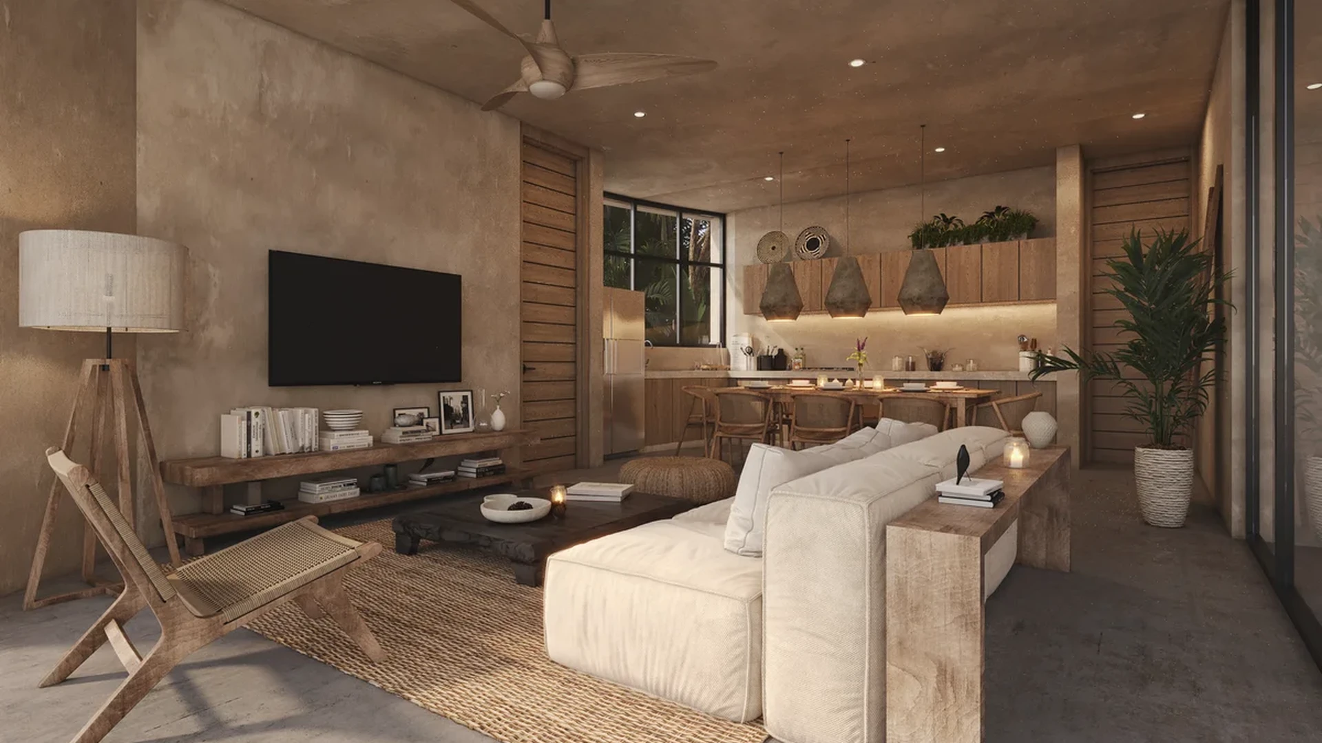 View of Open Concept Living at 404 Tulum, showcasing Modern Tropical Design, Minimalist Interior.