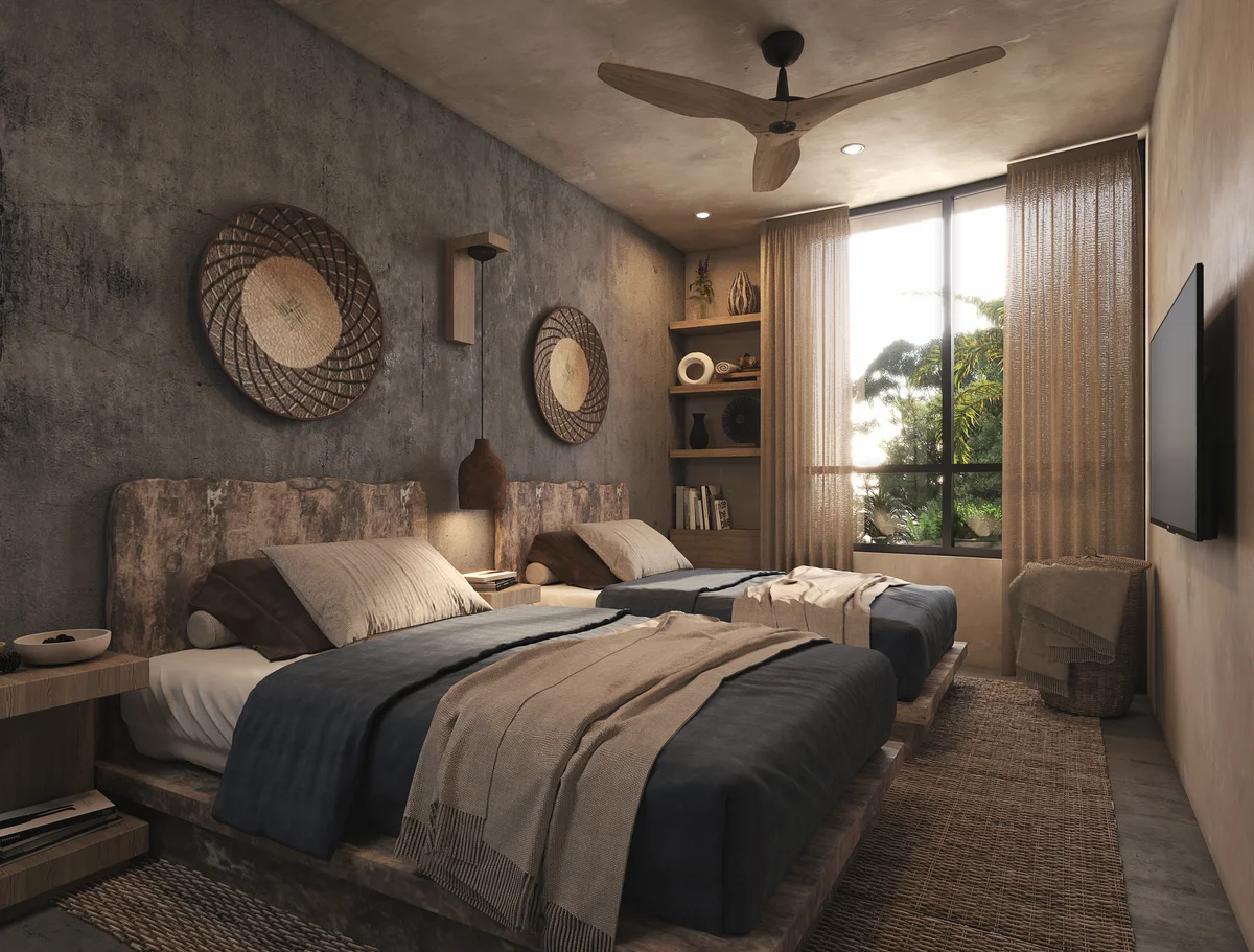 View of Bedroom at 404 Tulum, showcasing Two Beds, Modern Tropical Design.