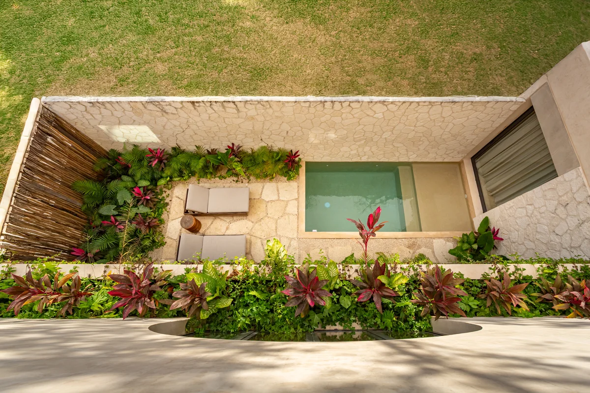 Image of a Private Plunge Pool, featuring Outdoor Lounge and Stone Patio.