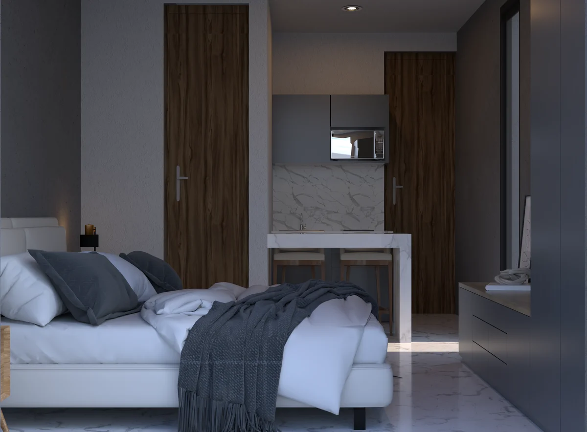 View of Modern Bedroom at Amanecer, showcasing Studio Apartment, Compact Kitchenette.