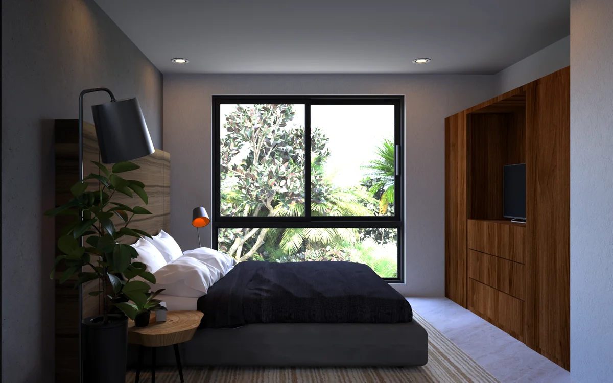 View of Modern Bedroom at Amanecer, showcasing Bedroom Interior, Natural Light.