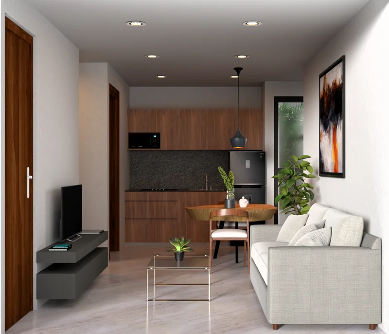 View of Modern Living Room at Amanecer, showcasing Open Concept Kitchen, Contemporary Interior.