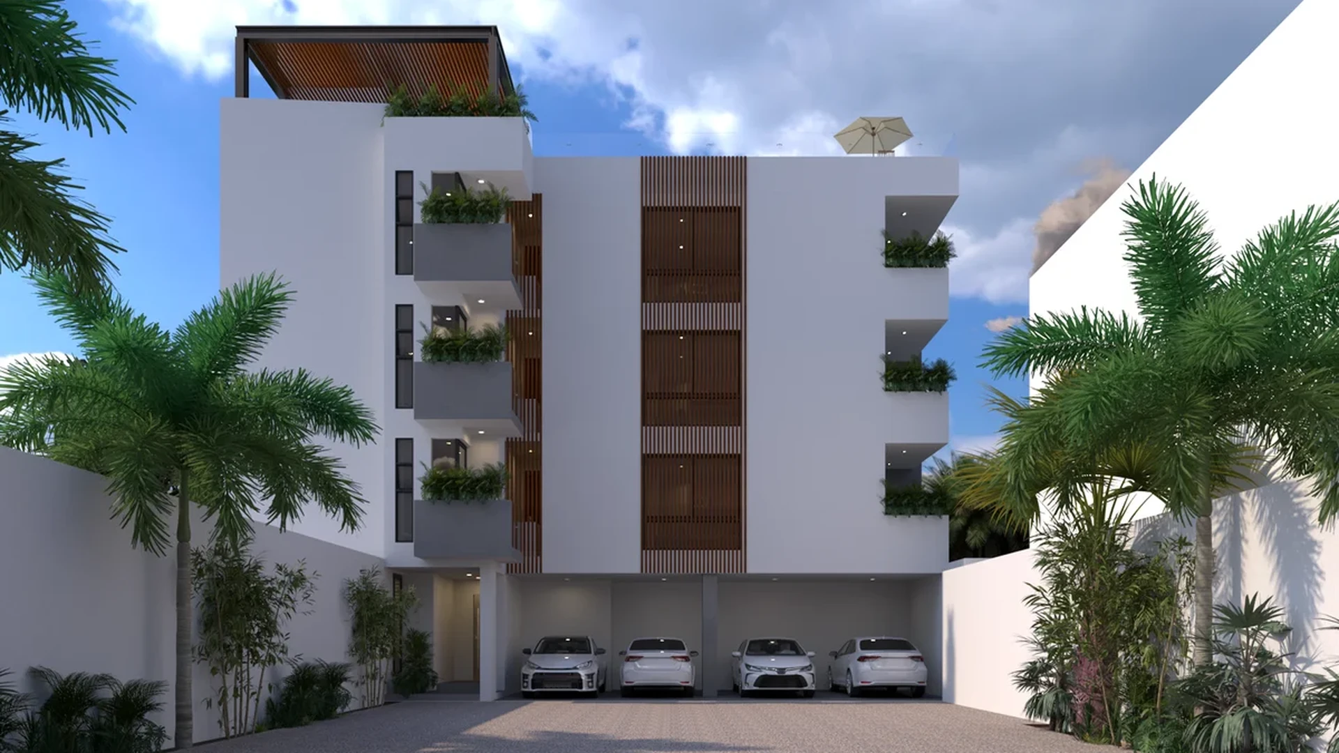 Image of Rooftop Terrace at Amanecer, featuring Modern Architecture, Apartment Building Exterior.