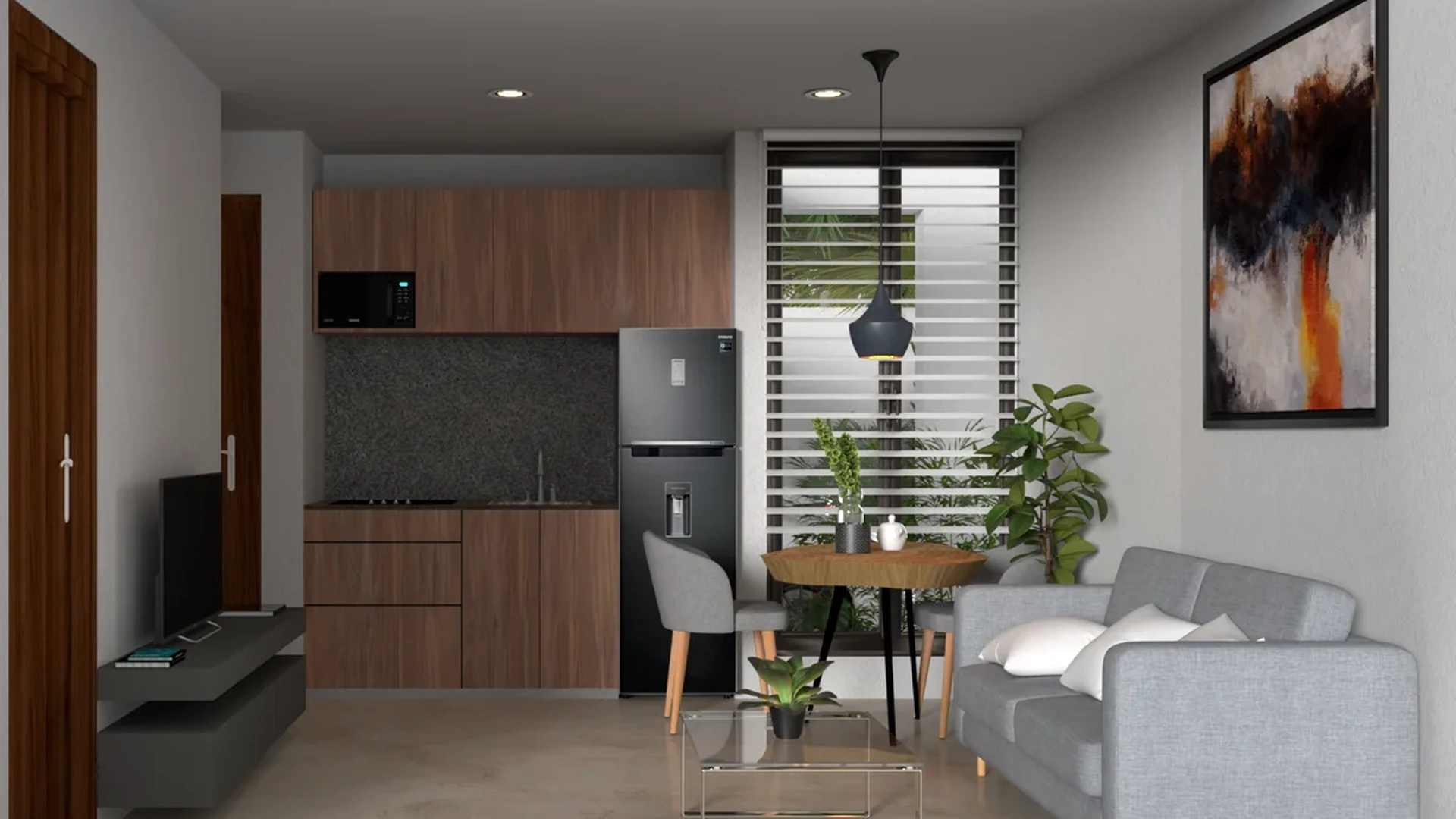 View of Open Concept Living at Amanecer, showcasing Modern Kitchenette, Studio Apartment.