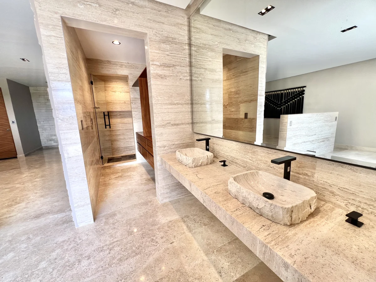 View of Modern Bathroom at Amaru, showcasing Luxury Bathroom, Travertine Stone.
