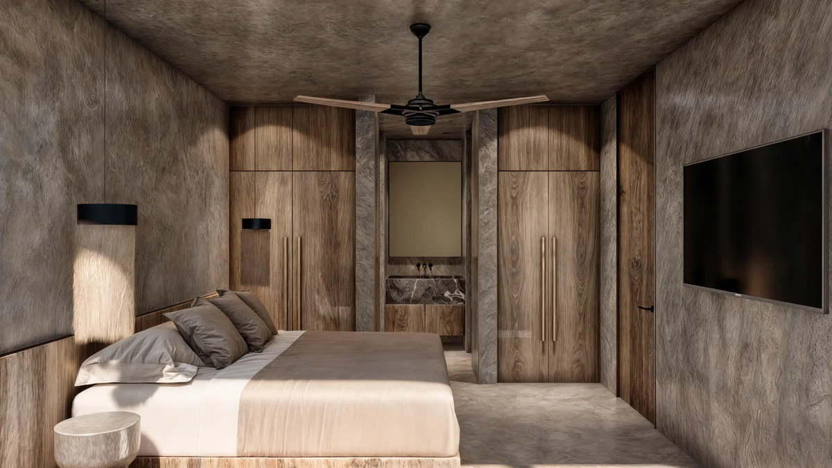 View of Modern Bedroom at Beecheii, showcasing Minimalist Design, Wood Paneling.