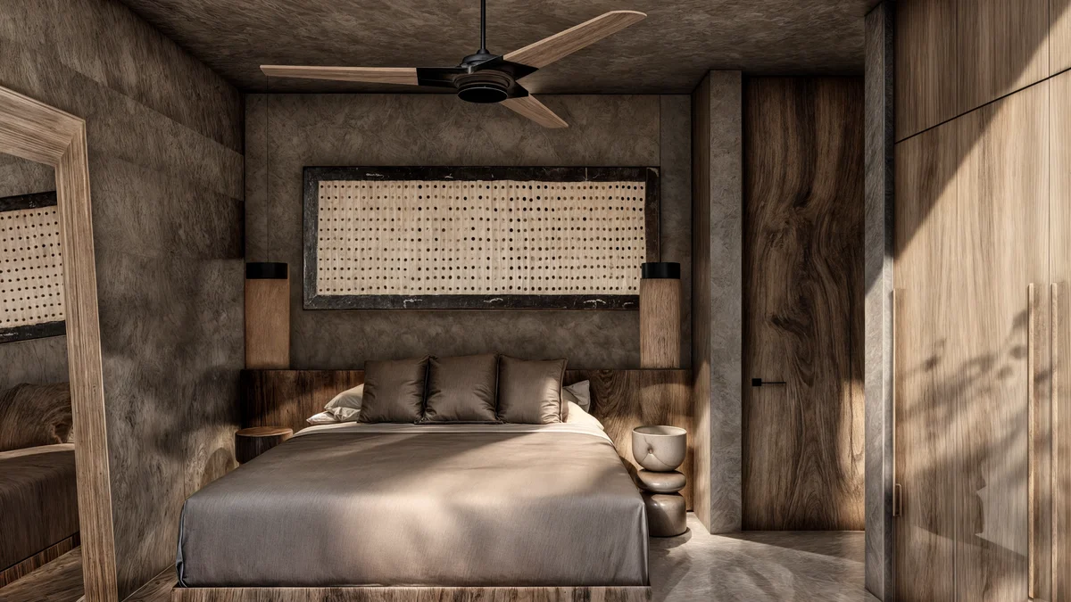 View of Modern Bedroom at Beecheii, showcasing Minimalist Design, Textured Walls.