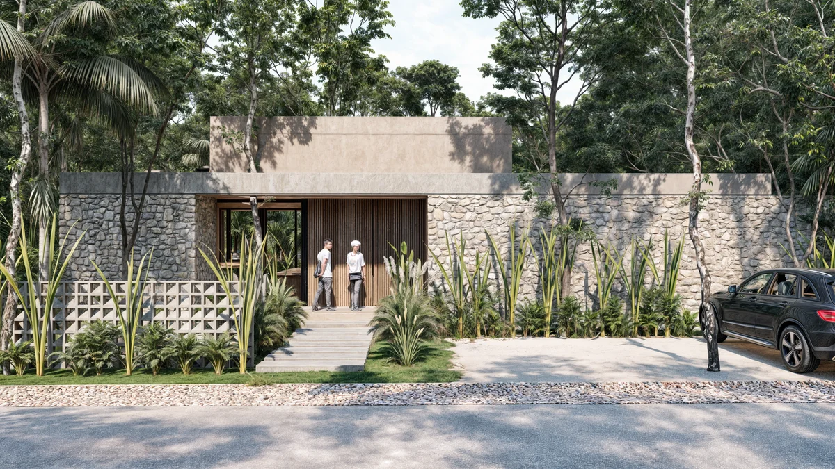 Image of Parking at Beecheii, featuring Tropical Architecture, Stone Cladding.