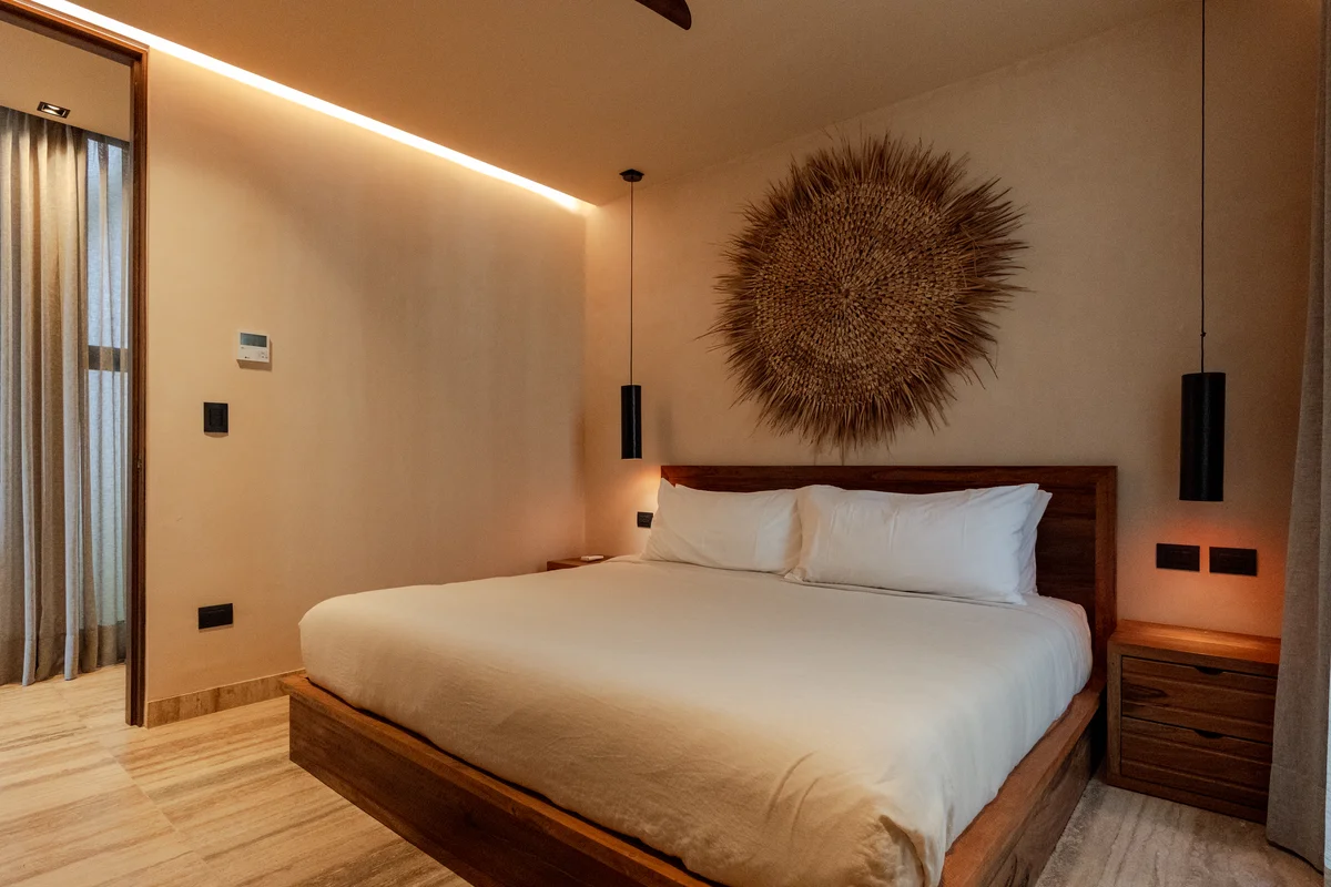 View of Modern Bedroom at Bespoke, showcasing King Size Bed, Minimalist Design.