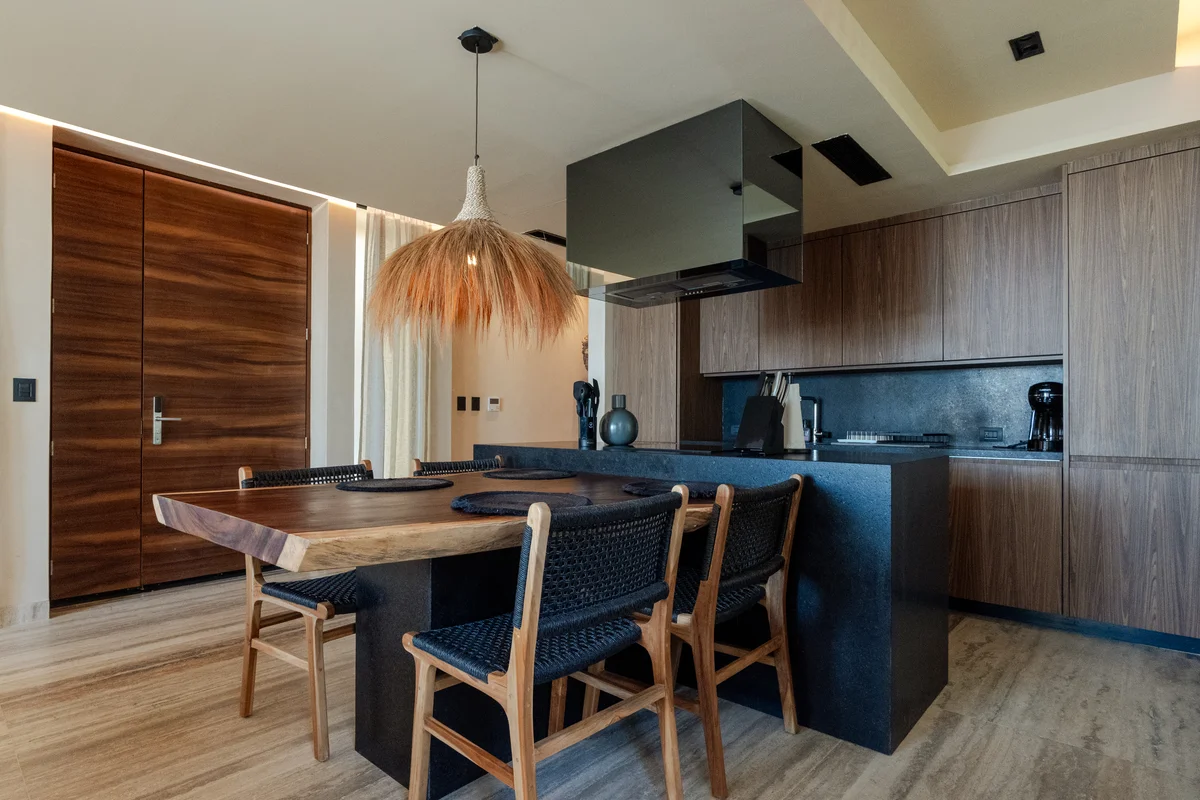 View of Modern Kitchen at Bespoke, showcasing Kitchen Island, Dining Area.