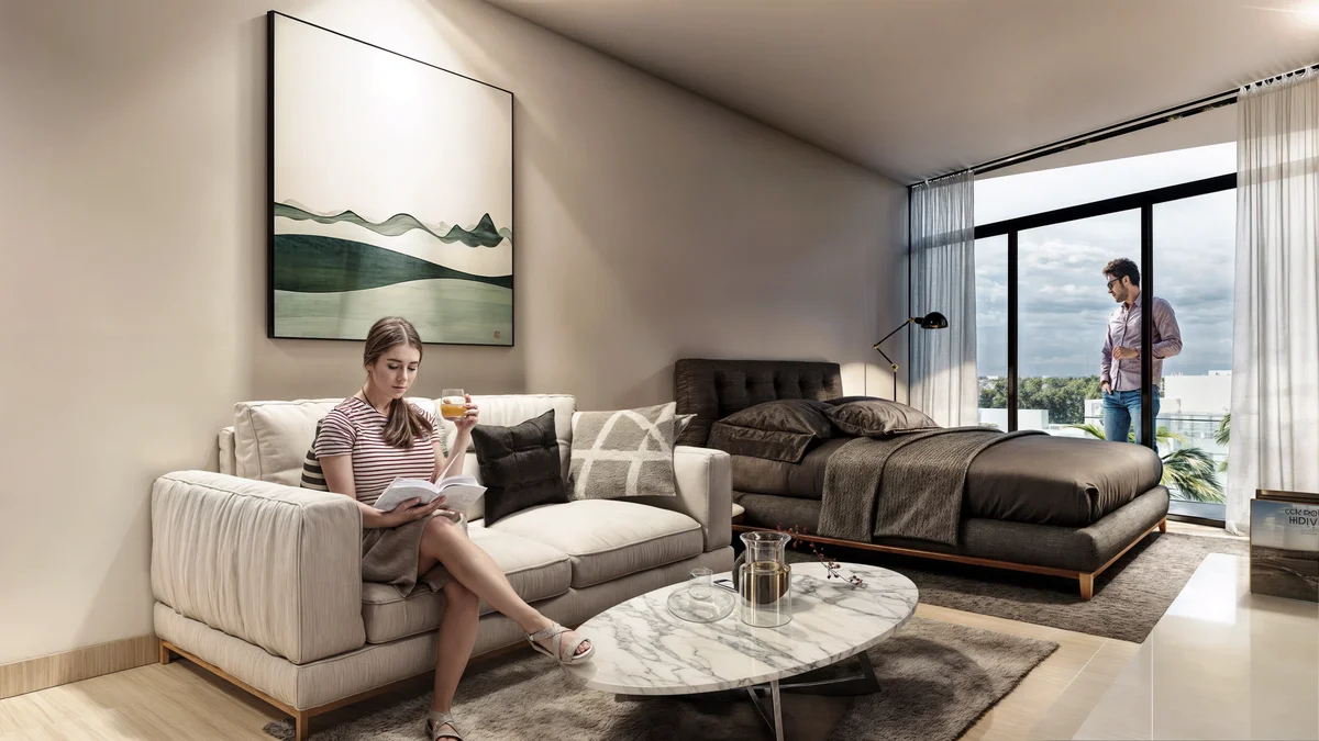 View of Modern Studio at Buzz, showcasing Bedroom Design, Contemporary Interior.