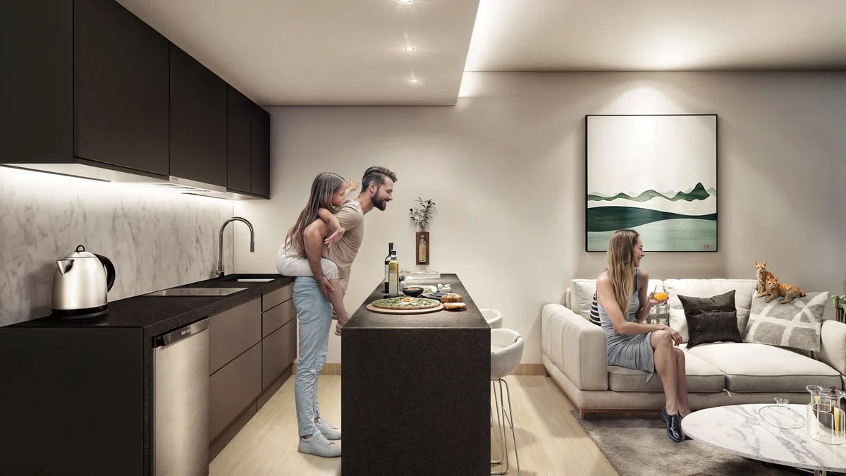 View of Modern Kitchen at Buzz, showcasing Open Concept Living, Contemporary Interior.