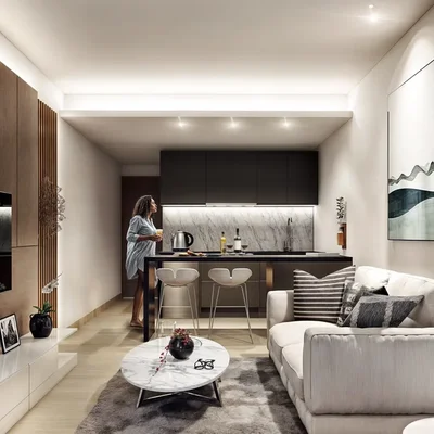 View of Modern Living Room at Buzz, showcasing Compact Kitchen, Studio Apartment.