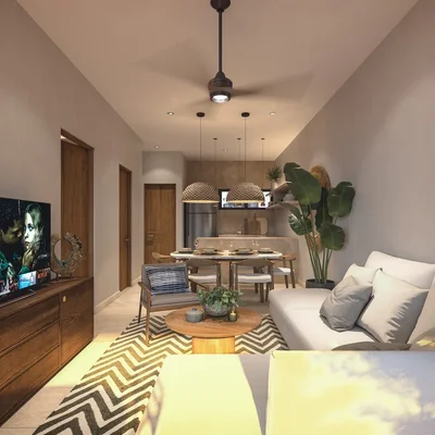 View of Open Concept Living at Uva de Mar, showcasing Modern Interior Design, Living Dining Kitchen.