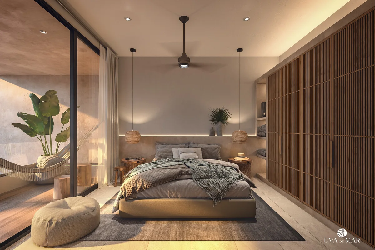 View of Modern Bedroom at Uva de Mar, showcasing Tropical Design, Private Balcony.