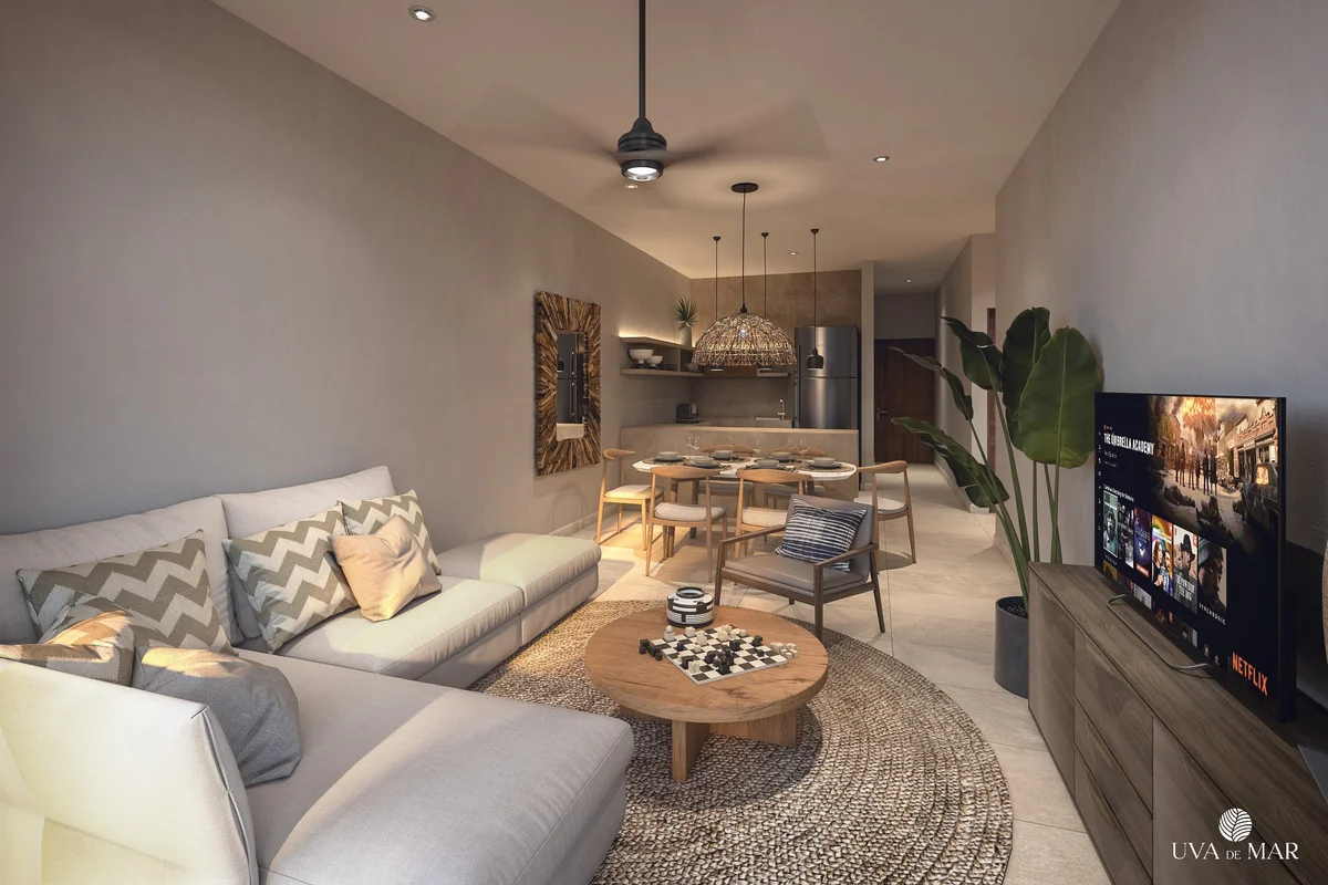 View of Modern Living Room at Uva de Mar, showcasing Open Concept Design, Contemporary Kitchen.