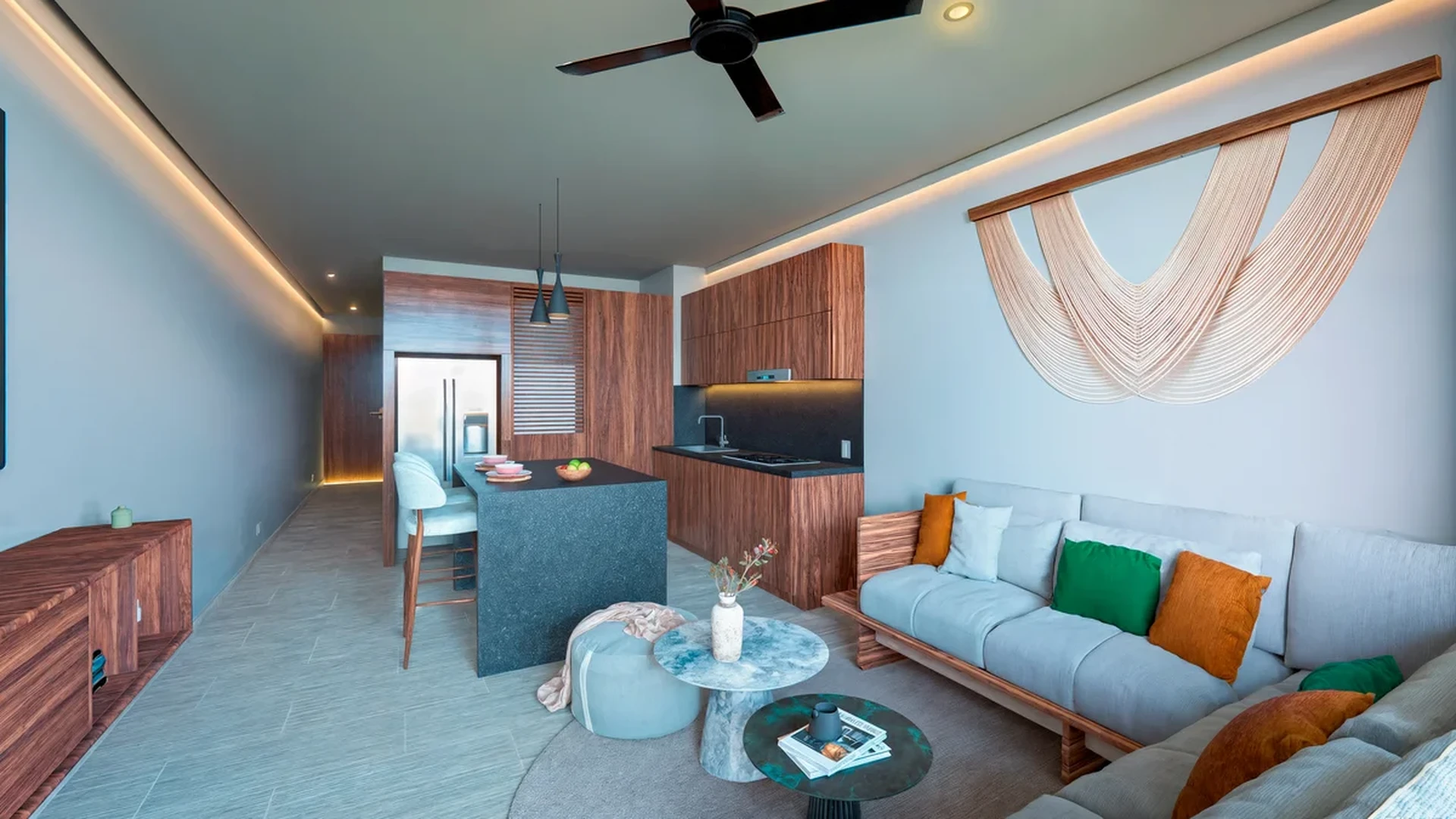 View of Modern Living Room at Central Condo Living, showcasing Open Concept Kitchen, Contemporary Interior Design.