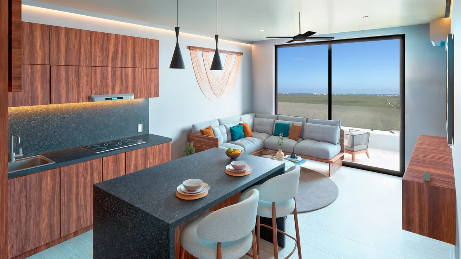 View of Open Concept Living at Central Condo Living, showcasing Modern Kitchen, Contemporary Design.