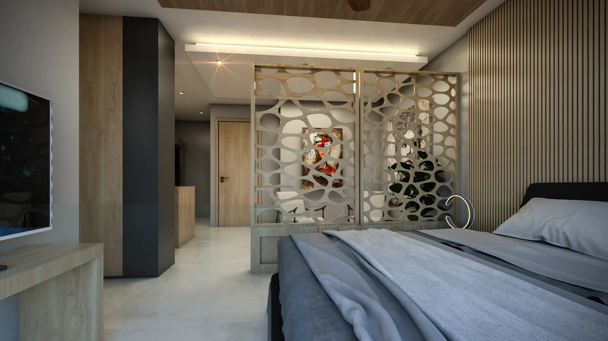View of Modern Bedroom at Centurmex 10, showcasing Contemporary Design, Stylish Interior.
