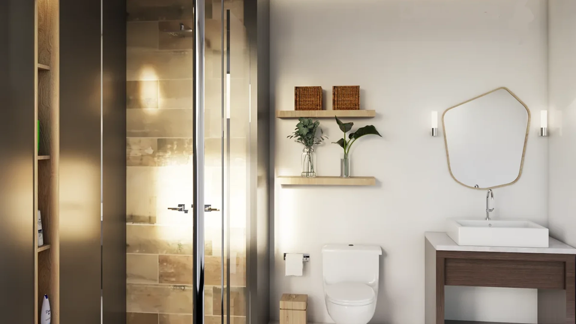 View of Modern Bathroom at Centurmex 10, showcasing Walk-in Shower, Vanity Sink.