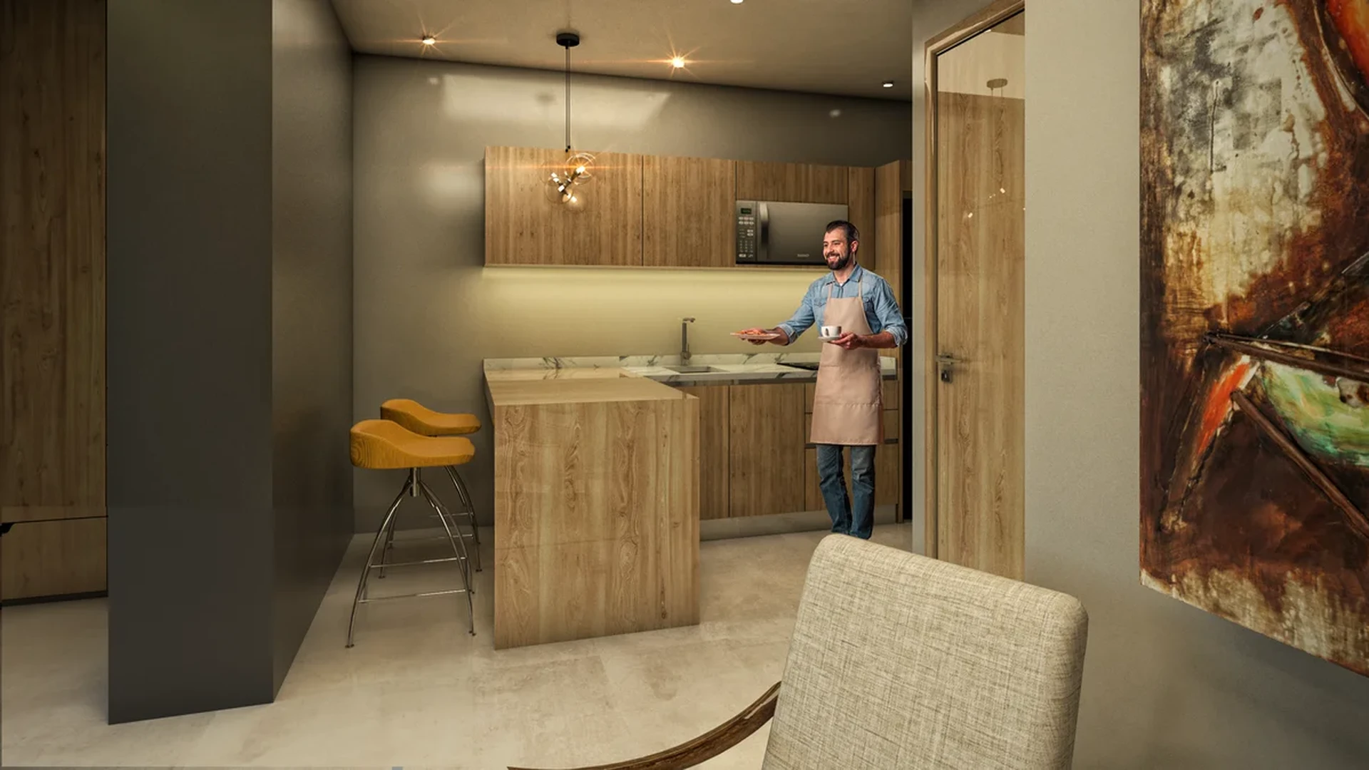 View of Modern Kitchen at Centurmex 10, showcasing Compact Kitchen, Studio Apartment.