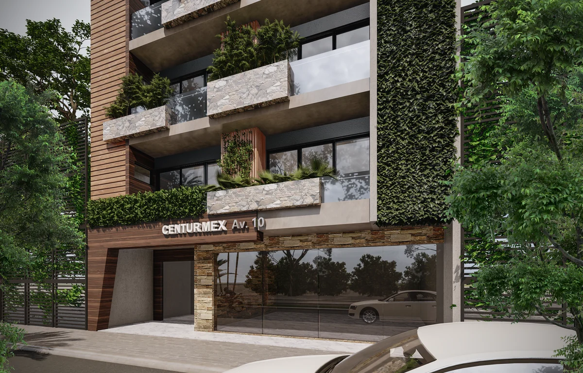 Image of Garden at Centurmex 10, featuring Modern Architecture, Building Facade.