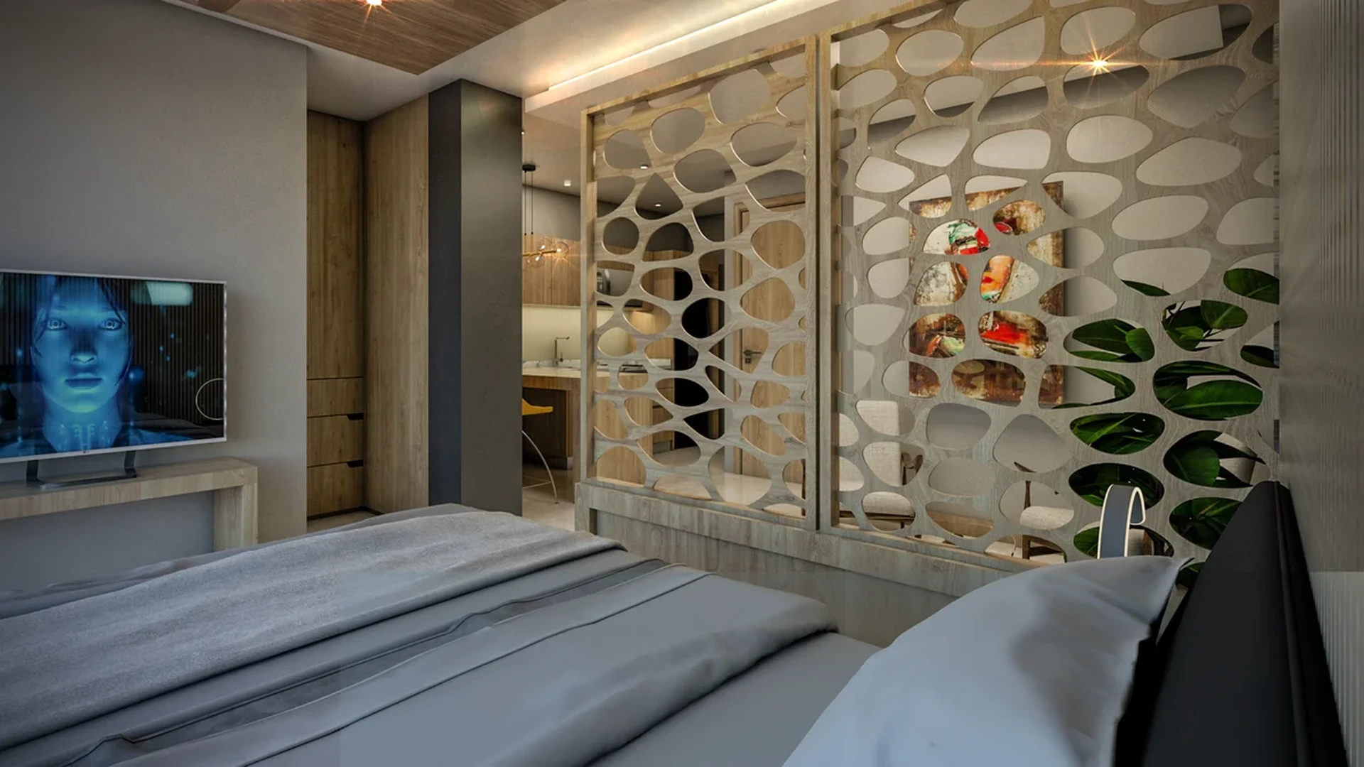 View of Modern Interior at Centurmex 10, showcasing Studio Apartment, Bedroom.