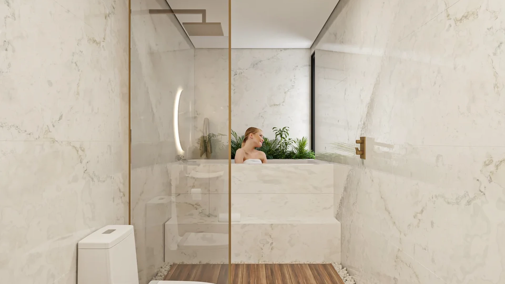 View of Modern Bathroom at DK 44 Fase 2, showcasing Luxury Bathroom, Marble Walls.