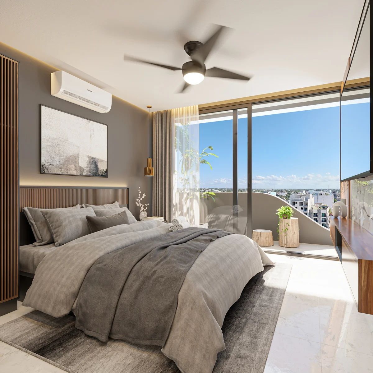 View of Modern Bedroom at DK 44 Fase 2, showcasing City View, Private Balcony.