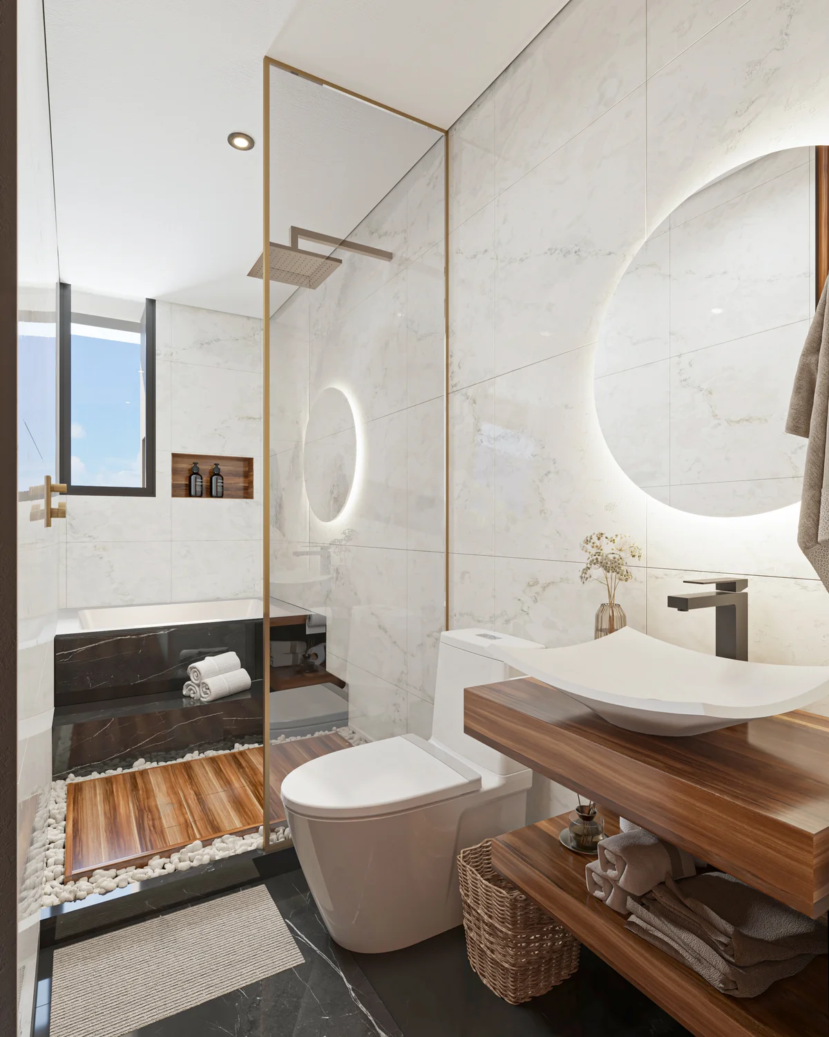 View of Modern Bathroom at DK 44 Fase 2, showcasing Luxury Bathroom, Marble Tiles.