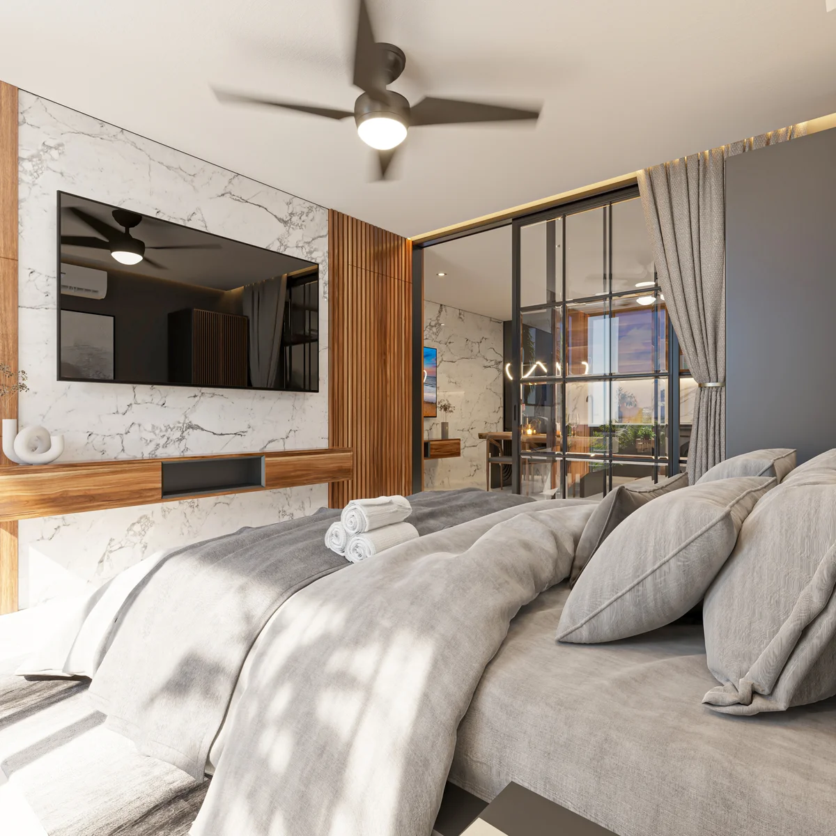 View of Modern Bedroom at DK 44 Fase 2, showcasing Contemporary Design, Marble Accent Wall.