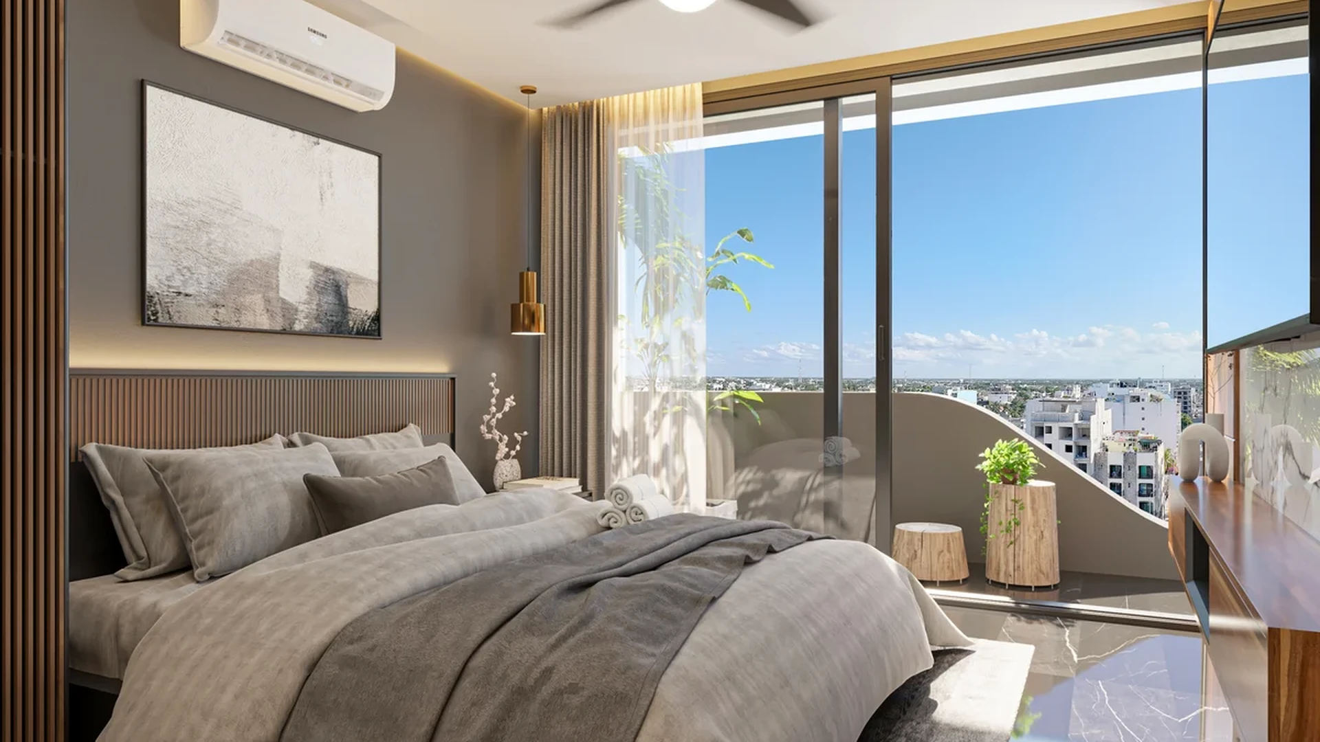 View of Modern Bedroom at DK 44 Fase 2, showcasing City View, Balcony Access.