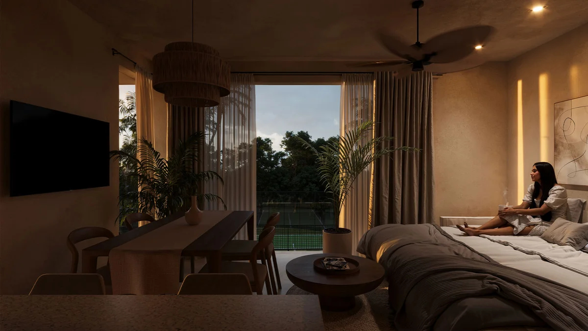 View of Modern Studio at Fruits Losantos, showcasing Contemporary Bedroom, Integrated Dining.